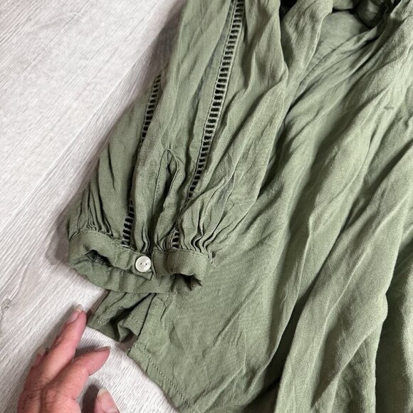 Old Navy Top Womens XL Green Blouse Button Up Lace Trim Long Sleeve Peasant Boho - Picture 2 of 9